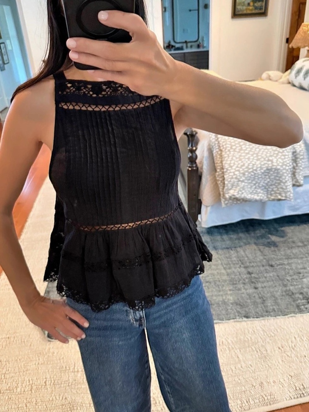 Free People Brooke Lace Trim Halter Top Black Small